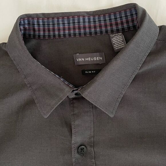Van Heusen Slim Fit Button Down Long Sleeve Shirt in Dark Grey Size XL 17-17 1/2 - Picture 2 of 11